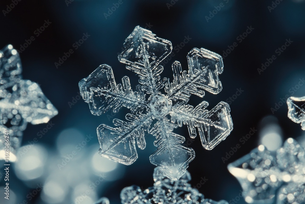 Poster close-up shot of a single snowflake on a bright blue background