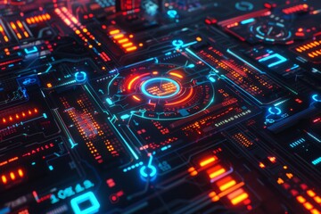 Obraz premium A vibrant digital circuit board illuminated by bright blue and red lights showcasing technology and innovation in a dark setting