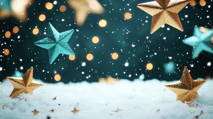 Festive stars and snow on a teal background evoke holiday cheer and celebration.