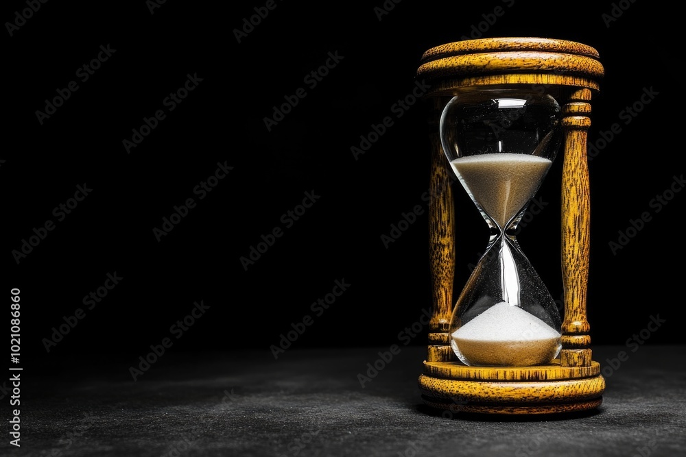 Poster timekeeping device with grains of sand trickling down, placed on a table surface