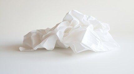 Crumpled tissue paper in soft white, placed on a pristine white surface. Symbolizing cleanliness and everyday convenience.
