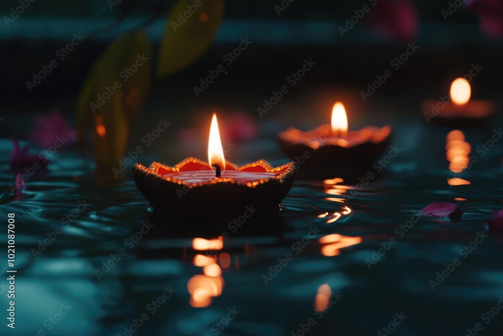 Poster three lit candles floating on the surface of calm water