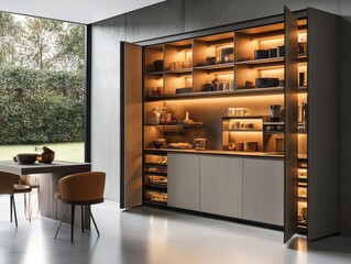 A compact minimalist pantry that hides storage behind smooth, handleless cabinet doors