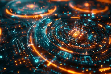 Obraz premium A vibrant digital circuit board illuminated by bright blue and red lights showcasing technology and innovation in a dark setting