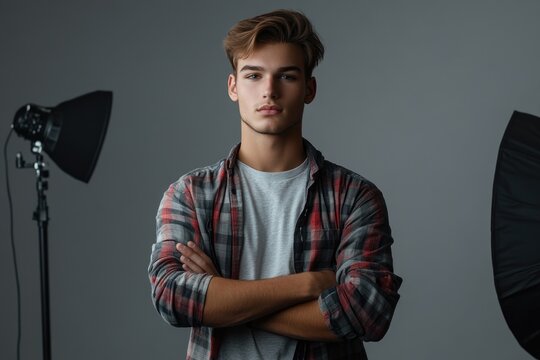 Portrait of a young adult standing in front of a camera, looking directly at the lens