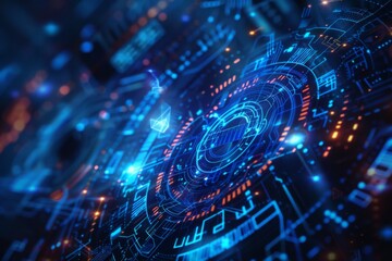 Fototapeta premium A vibrant digital circuit board illuminated by bright blue and red lights showcasing technology and innovation in a dark setting