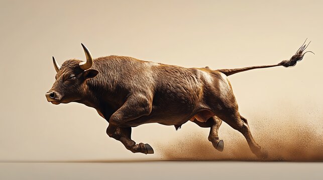 Dynamic bull running forward with energy against a plain background.