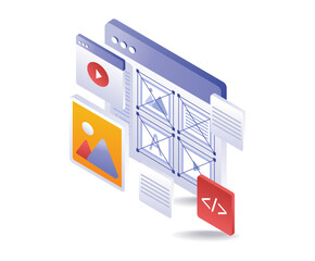 Screen creating layout design of digital product isometric illustration
