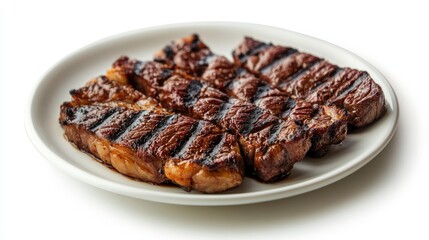 Grilled churrasco steak with perfectly seared grill marks, served on a clean white plate, isolated on a white background. Showcasing classic Brazilian barbecue.