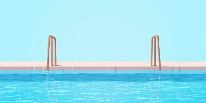 Empty swimming pool with clear water and ladder against blue sky background, creating a serene summer vibe.