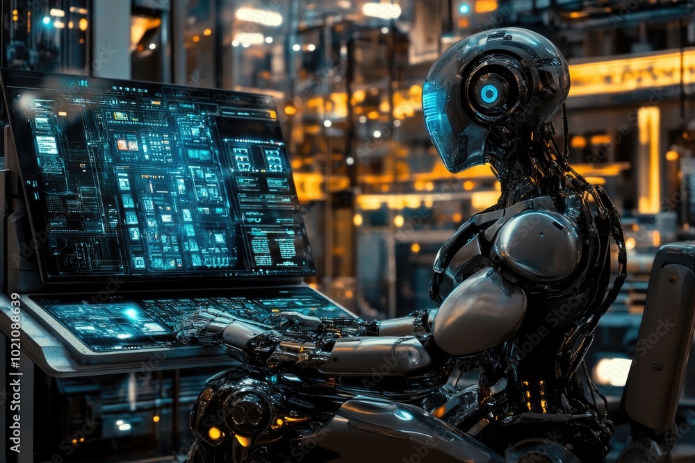 Poster a robot sits at a desk with a laptop, illustrating technology and innovation