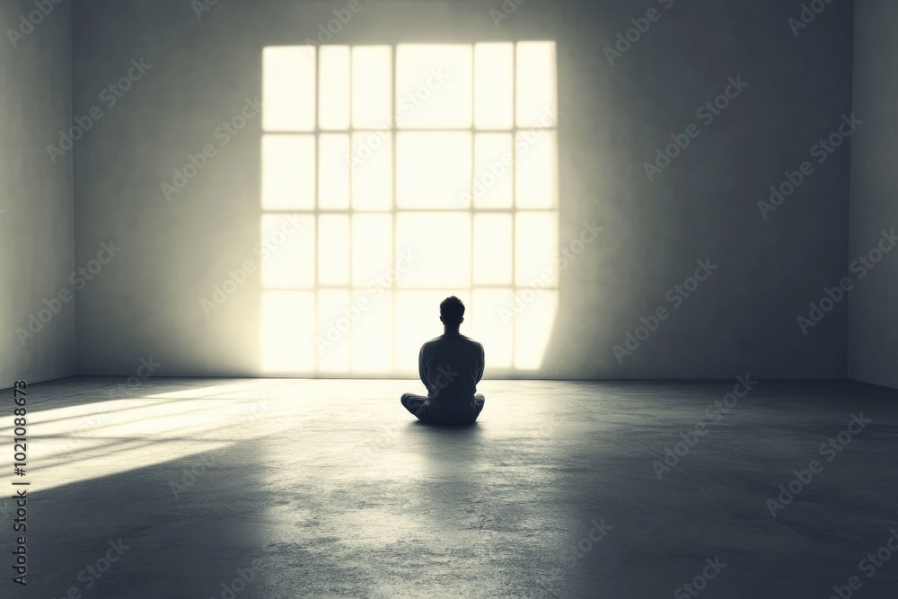 Aufkleber a person sitting in front of a window in a room, possibly thinking or reflecting