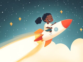 Smiling child on rocket ship under starry sky, dreaming of adventure.