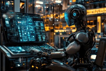 Fototapeta premium A robot sits at a desk with a laptop, illustrating technology and innovation