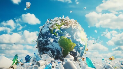 Naklejka premium Planet Earth surrounded by plastic waste under vibrant sky, reflecting environmental concerns.