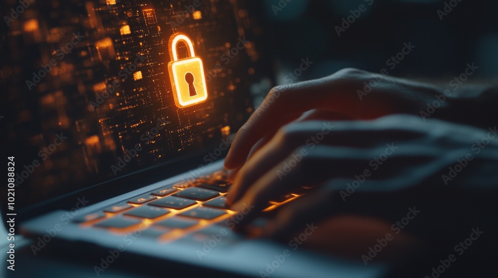 Poster a person works on their laptop with a padlock displayed on the screen, conveying security and privac