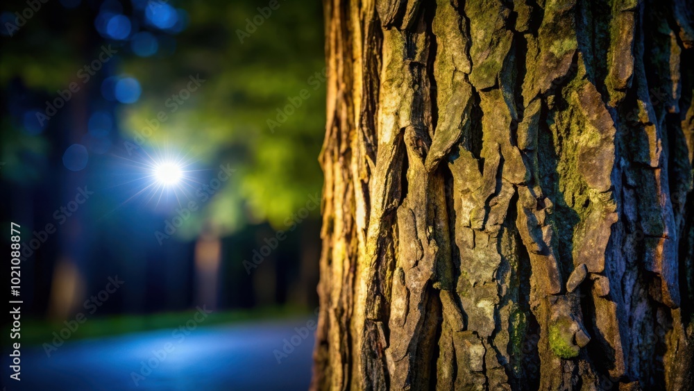 Poster bark of a tree illuminated by sunlight, creating a contrast between the dark and textured surface an