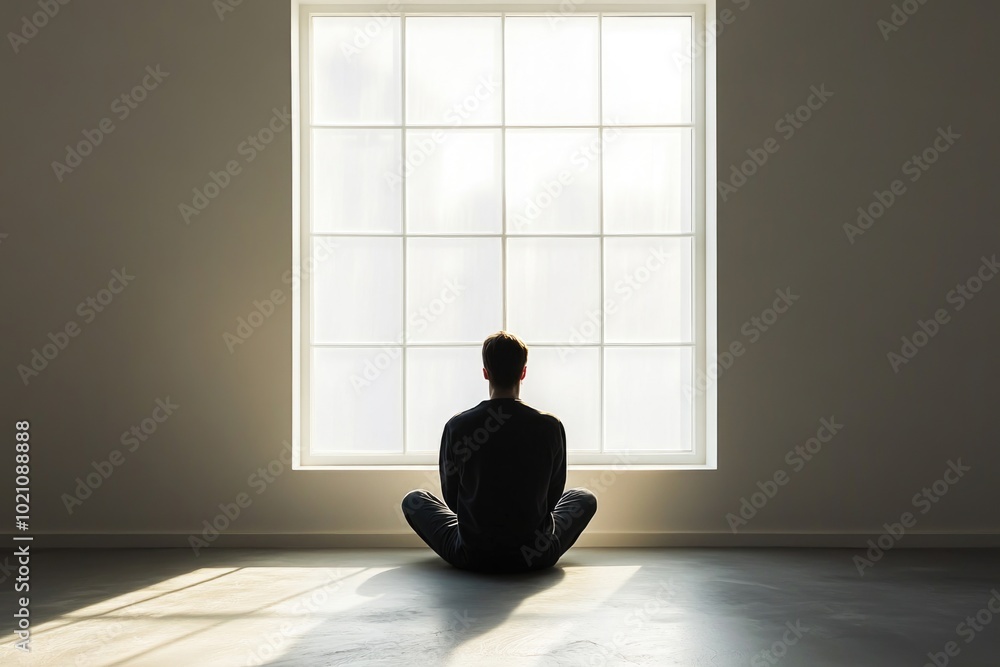 Aufkleber A person sitting in front of a large window with a calm expression, possibly deep in thought
