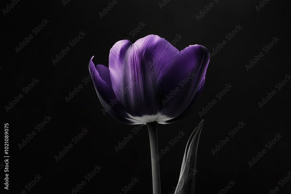 Aufkleber a simple yet elegant image of a single purple tulip sitting on a black background, perfect for use a