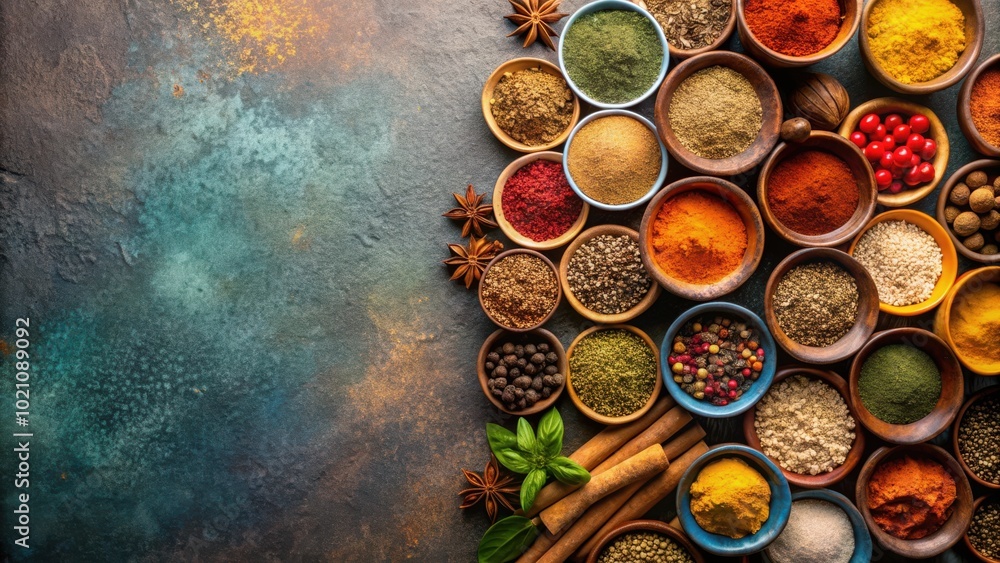 Aufkleber A Collection of Aromatic Spices in Bowls with a Rustic Background