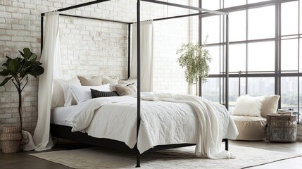 Obraz premium Modern four-poster bed with black metal frame, draped with white linens and accent pillows, in a stylish, industrial-themed room.