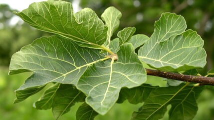 Fig Leaves Close-Up: isolate on white background. A macro shot capturing the intricate details of fig leaves. The veins, serrated edges, and velvety texture are highlighted against a blurred 