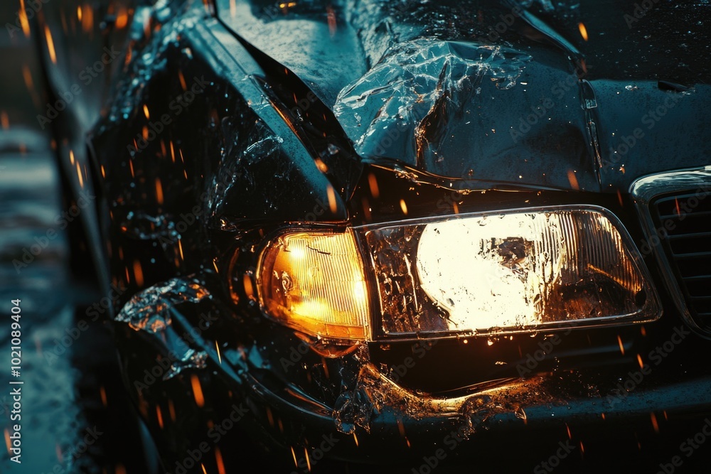 Poster close-up shot of a car's headlight shining through the rain, suitable for use in weather-related or 