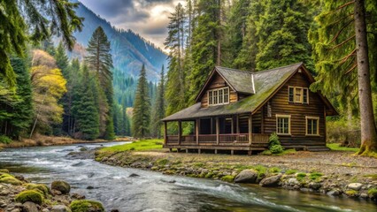 A serene woodland retreat with a quaint cabin nestled beside a tranquil river flowing through lush greenery and towering trees.