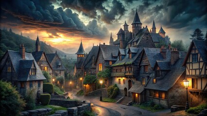 A quaint cobblestone street winds through a medieval village, illuminated by warm lamplight against the backdrop of a dramatic sunset sky and looming, ancient stone structures.