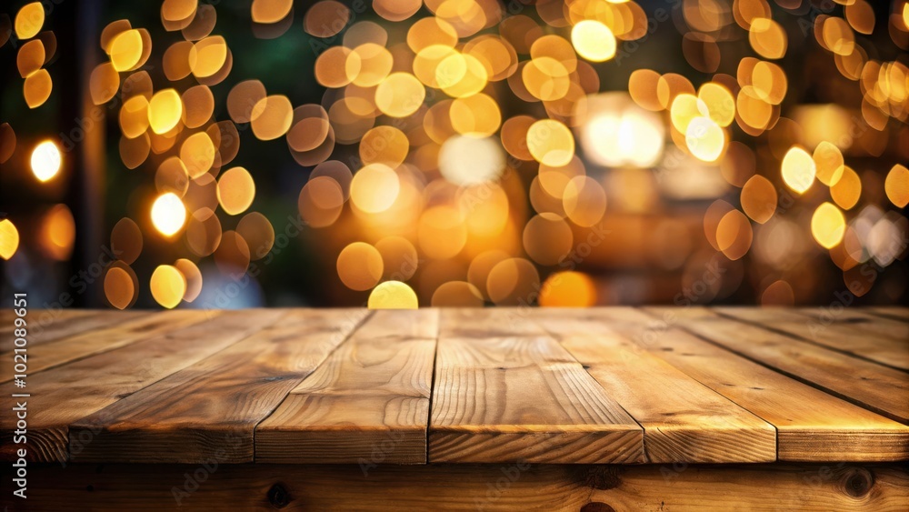 Poster Rustic wooden table with a bokeh background of golden lights.