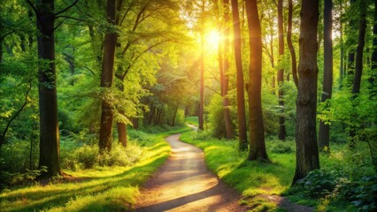 Obraz premium A winding path through a vibrant forest, sunlight filtering through the trees, casting long shadows on the grassy ground