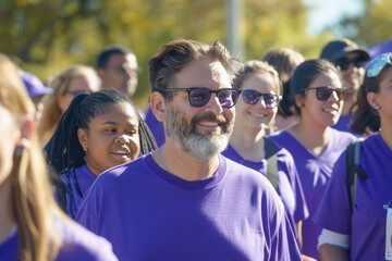 A group of people wearing purple shirts at a charity walk for IBD awareness