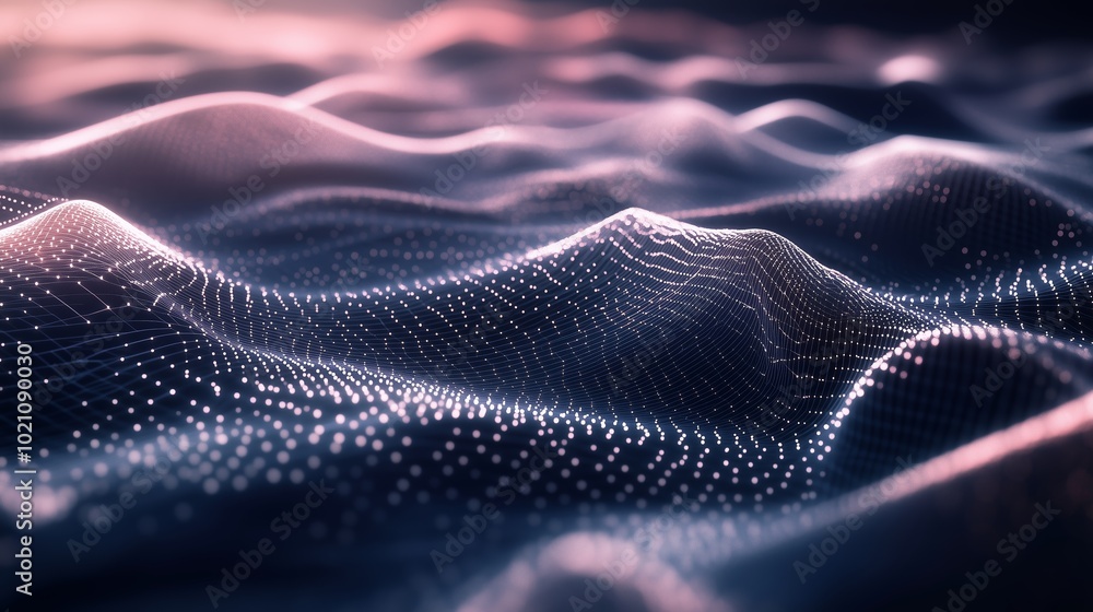 Poster abstract representation of flowing digital waves at dusk with illuminated points creating depth and 