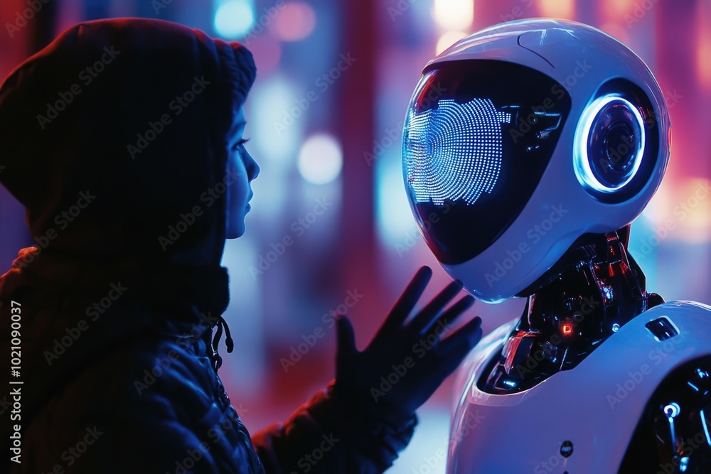 Poster a person stands beside a robot in a dimly lit room, ready for interaction