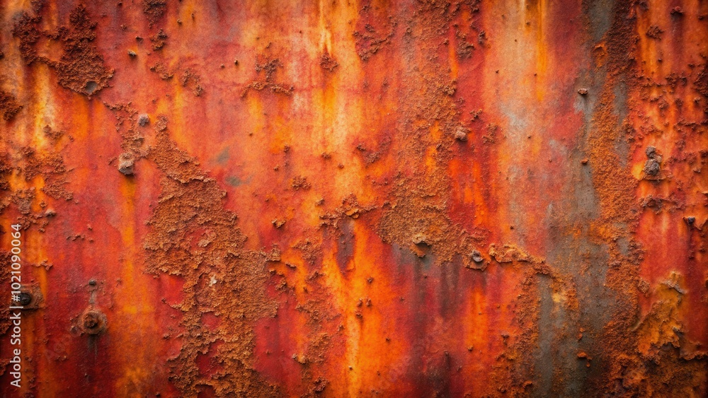 Poster a close-up view of an orange and brown rusty metal surface, showing the intricate patterns of corros