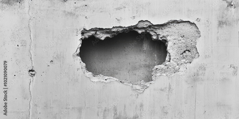 Poster a black and white photo of a hole in a concrete wall, useful for abstract or architectural backgroun