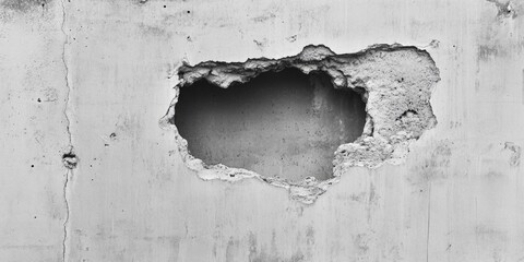A black and white photo of a hole in a concrete wall, useful for abstract or architectural backgrounds