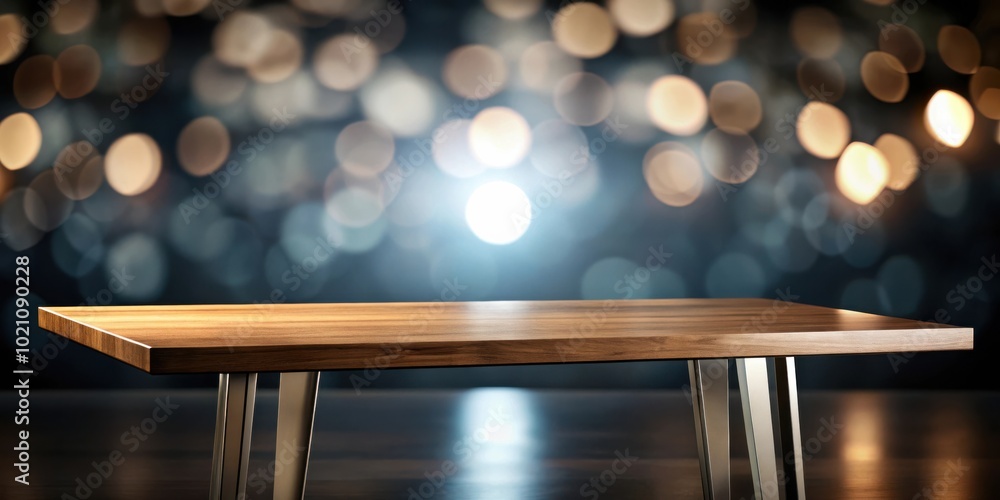 Poster A sleek wooden table with a metallic base set against a backdrop of shimmering bokeh lights.