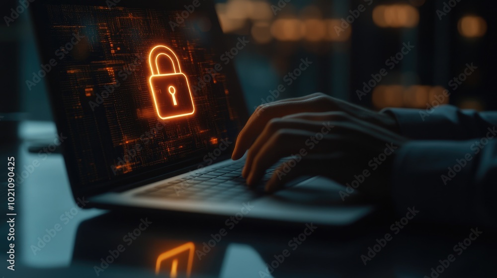 Poster A person sitting in front of a laptop, typing away with an encrypted file displayed on the screen