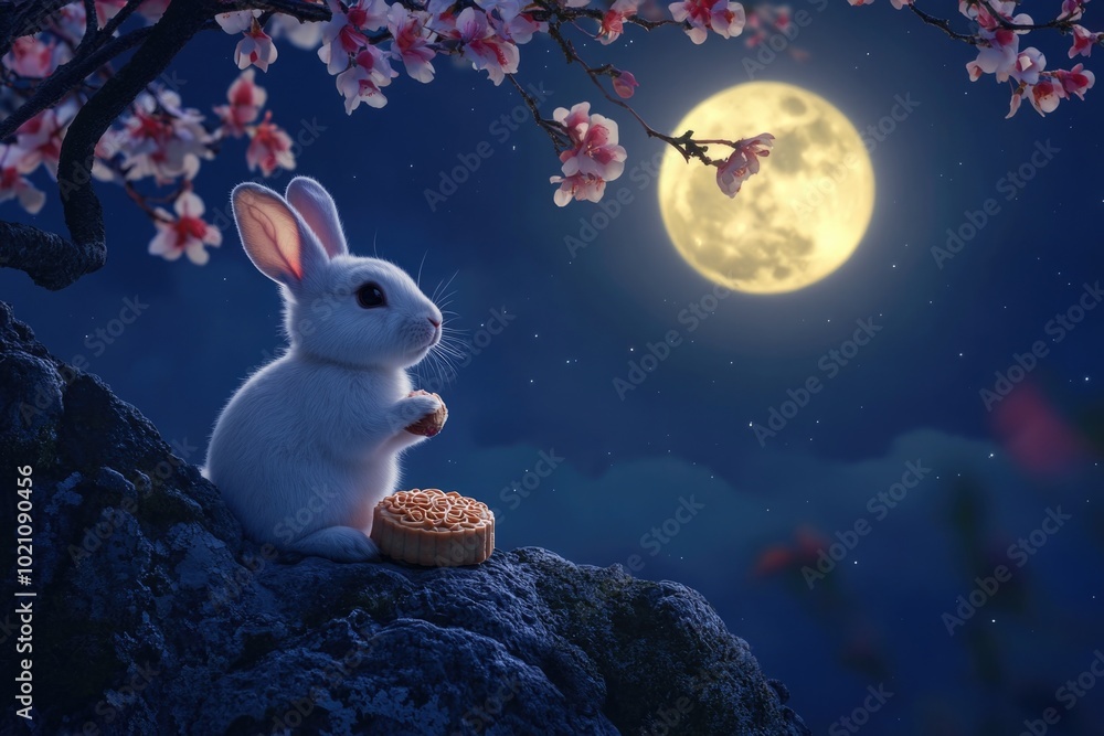 Poster a rabbit enjoying a snack by the light of a full moon