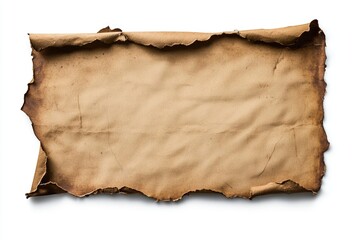 A worn and frayed old piece of paper with a torn edge, showing signs of age and use
