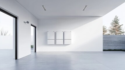 Fototapeta premium Sleek home battery packs mounted on a modern garage wall, offering sustainable electric energy storage as a backup power system. Clean white background.