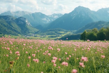 A beautiful field of pink flowers with mountains in the background, perfect for travel or nature-themed projects