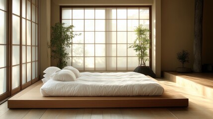 Obraz premium Sleek, minimalist Japanese-style bed on a low wooden platform with simple white bedding, set in a tranquil and modern space.