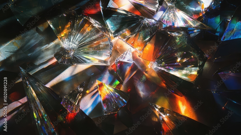 Poster an abstract display of glass shards catching the light, forming intricate refractions and colorful s