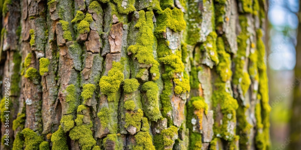Poster a close-up view of a tree trunk covered in lush green moss, showing the intricate texture of nature