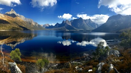 Obraz premium Stunning panoramic view of a serene lake surrounded by majestic mountains and clear blue skies.