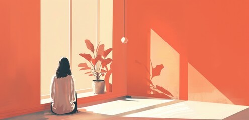 Contemplative woman in sunlit room with potted plant and bold orange walls