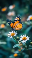 Fototapeta premium A regal monarch butterfly with distinctive orange and black wings rests gracefully on a pristine white daisy flower, embodying the delicate balance of nature