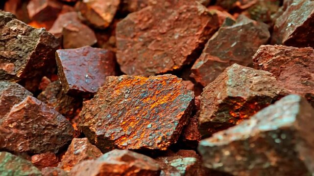 pile of mined copper ore,  zoom in. 4K

